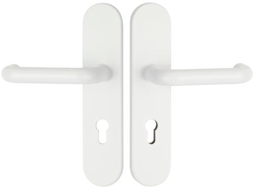 Artikelbild des Artikels “Schutzdrückergarnitur Serie BASIC 01 Aluminium weiß, innen und außen Klinke 72mm für Wohnungseingangstüren | OHNE | beidseitig Drücker“