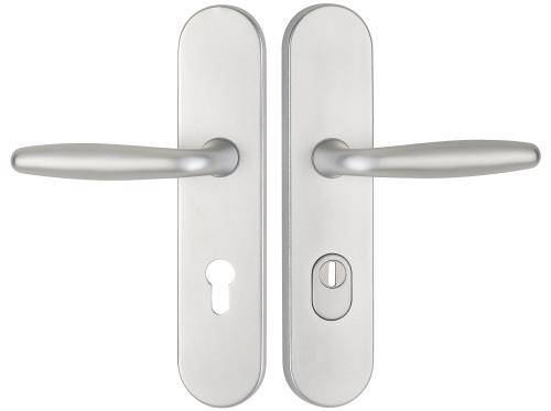 Artikelbild des Artikels “Schutzdrückergarnitur Serie 1931 Aluminium silberfarben, innen und außen Klinke 72mm für Wohnungseingangstüren | MIT | beidseitig Drücker“