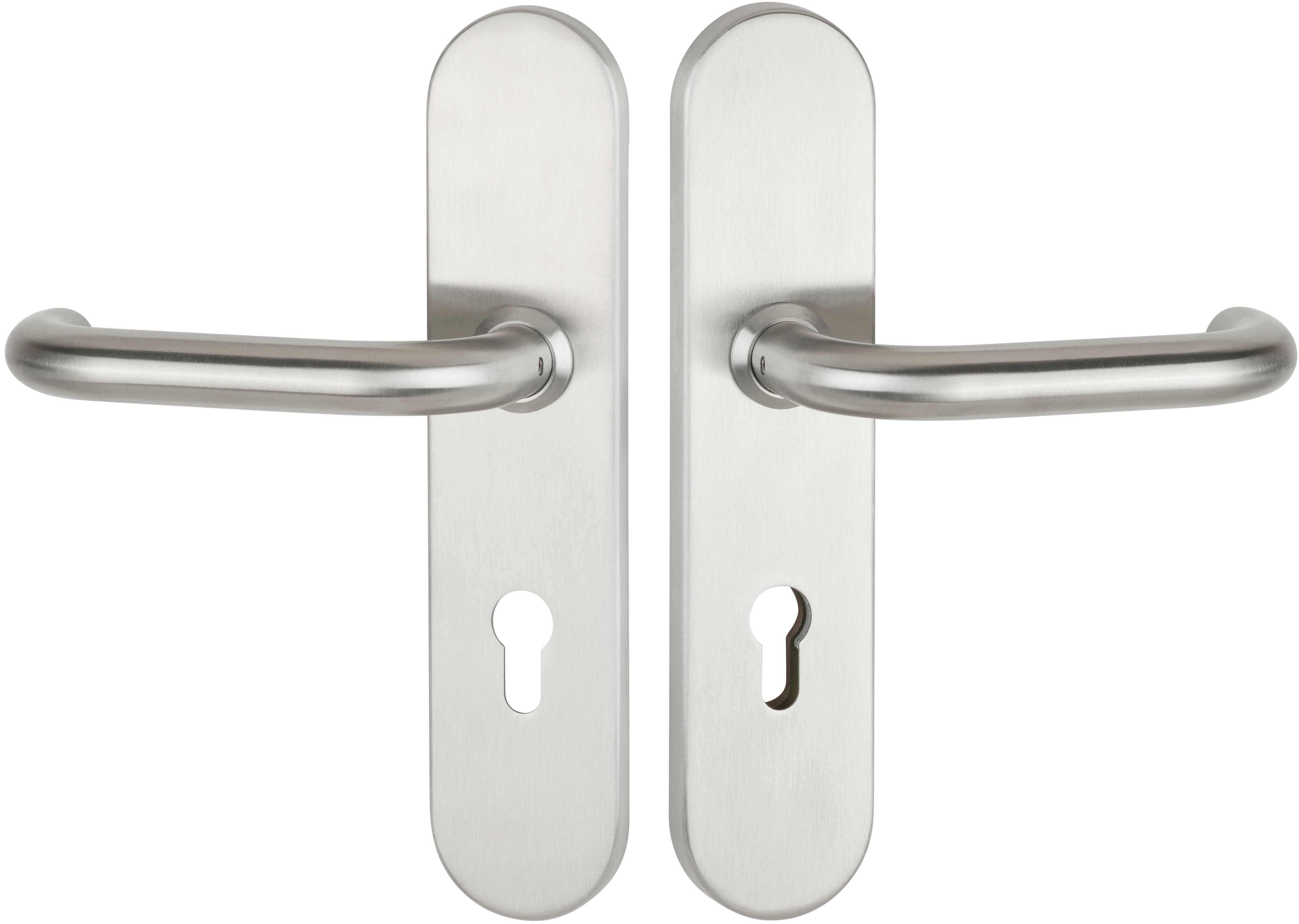  Artikelbild 1 des Artikels “Schutzdrückergarnitur Serie BASIC 01 Edelstahl matt, innen und außen Klinke 72mm für Wohnungseingangstüren | OHNE | beidseitig Drücker“