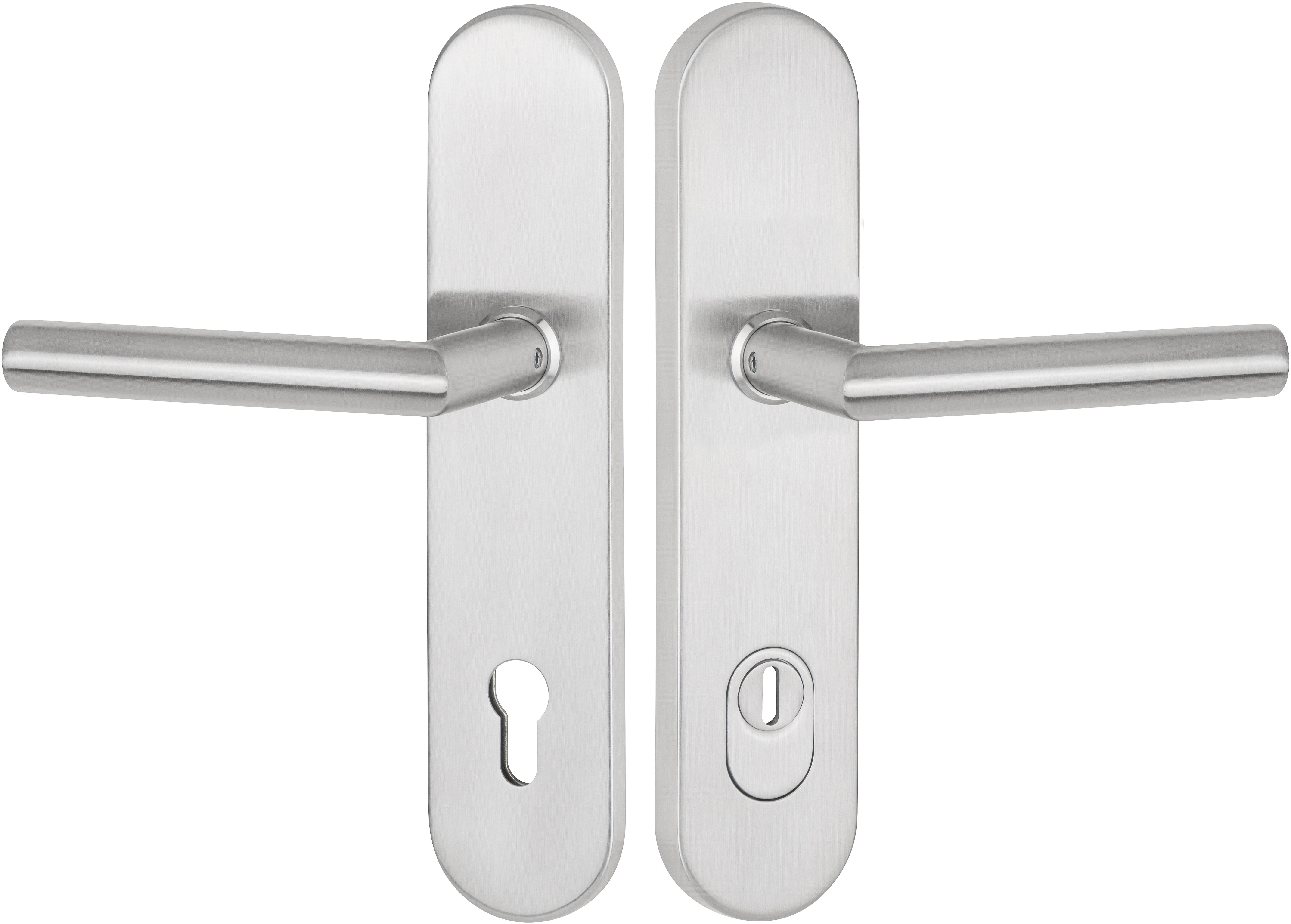  Artikelbild 1 des Artikels “Schutzdrückergarnitur Serie BASIC 02 Edelstahl matt, beidseitig Klinke 92mm für Haustüren | MIT | beidseitig Drücker“